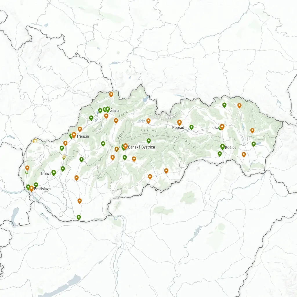 Mapa Slovenska s ôsmimi demonštračnými lokalitami brownfieldov